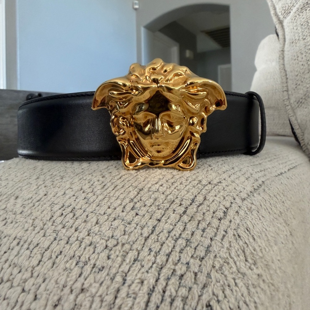 Versace Black Leather Belt with Gold Buckle